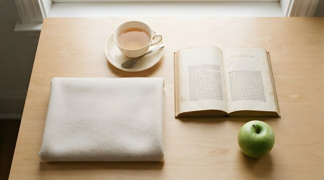 Book sits on a light wooden table beside a warm cup of herbal tea.