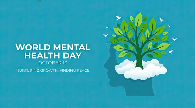 World mental health day graphic with tree of growth inside human head silhouette with set against blue background white birds silhouette with silhouette