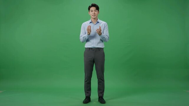 Young Asian man standing and clapping in front of a green screen, expressing approval and appreciation.