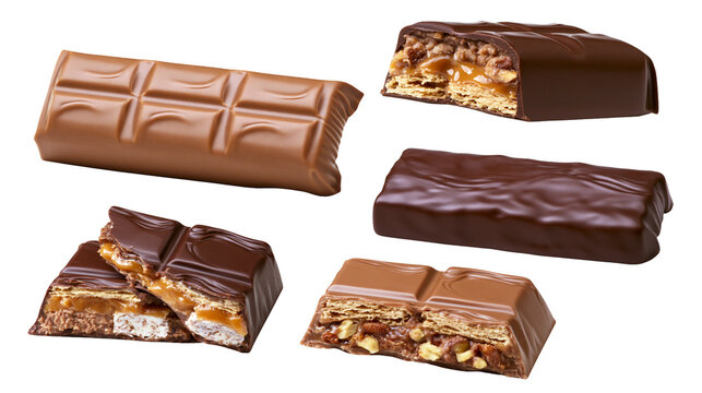 Assortment of chocolate candy bars with caramel nuts, and wafer fillings