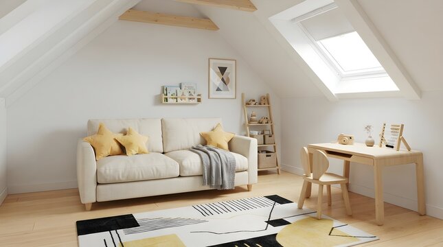 Interior design of a cozy attic living room features a sofa and wooden desk set.