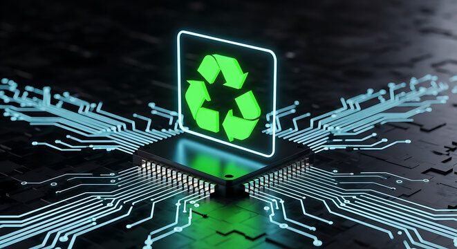 High-tech recycling symbol on a computer processor with glowing circuit board connections