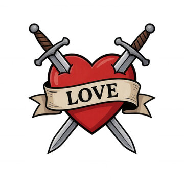 Love Heart with Crossed Swords Tattoo Design