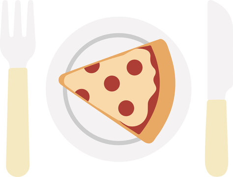 pepperoni pizza slice on plate with fork and knife, flat vector illustration on transparent background