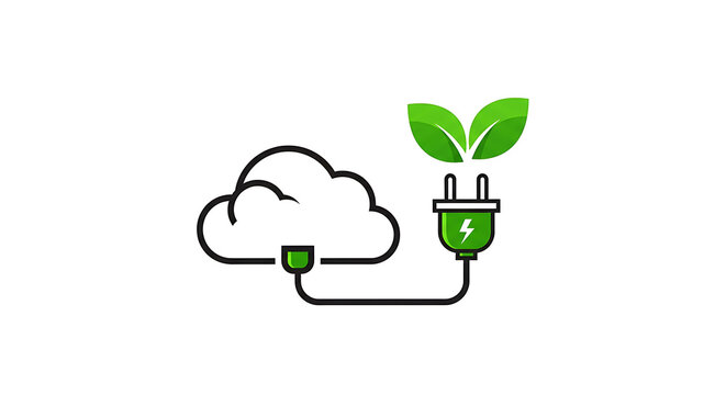 Green energy cloud connection logo with electric plug and leaves