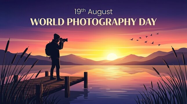 Photographer captures breathtaking sunset over calm lake from wooden pier during world photography day celebration with depicts silhouette photographer pier capturing vibrant sunset golden hour sky