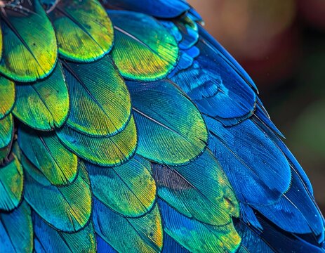 Close-up of vibrant blue and green bird feathers, showcasing texture and vivid hues