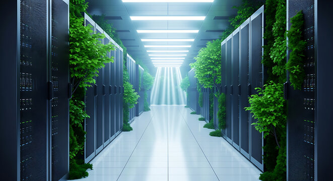 Green data center with server racks and lush vertical gardens, eco-friendly technology concept