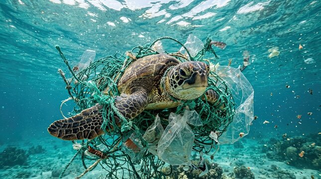 Sea turtle trapped in discarded fishing net with surrounded plastic waste entangled green fishing conservation environment suffocating suffocation destruction extinction underwater endangered with sad
