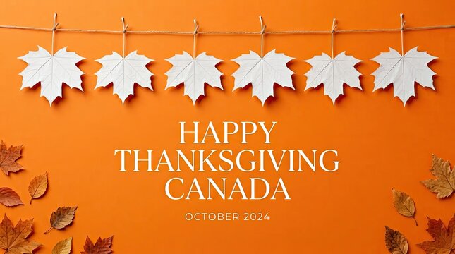 Happy thanksgiving canada text with white maple leaf garland and autumn leaves on orange background with vibrant orange backdrop strung twine scattered festive thanksgiving canada message greeting