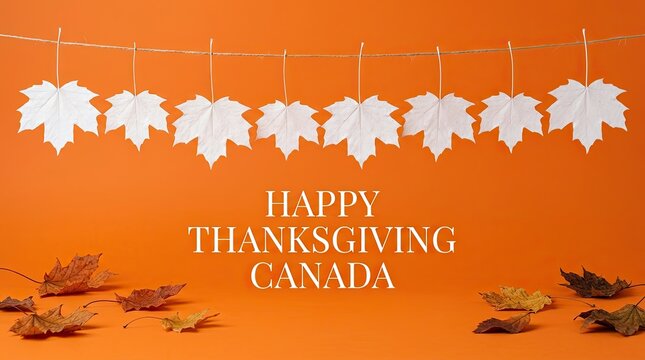 Happy canadian thanksgiving autumn celebration with white maple leaves hanging on orange background with hanging string against leaves scattered below composition decoration greeting festival with dry