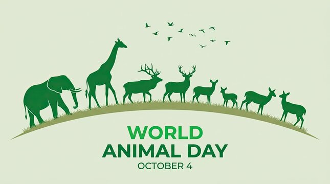 Green silhouette wildlife herd elephant giraffe deer birds flying world animal day october 4 background illustration with illustration green silhouettes various animals with flying overhead set, group