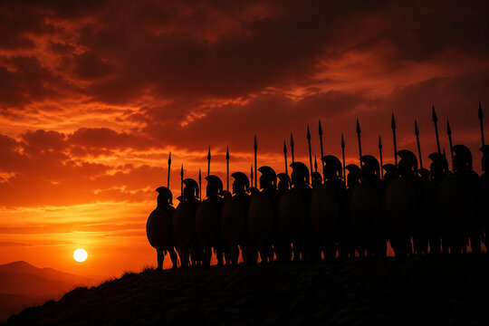 Silhouette of warriors in phalanx formation against a dramatic sunset.