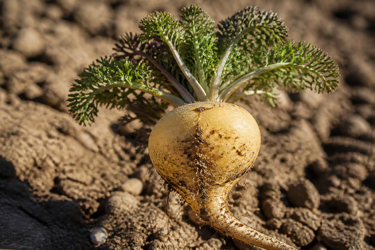 Single root resembling a turnip, freshly pulled from dry soil.
