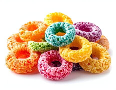 A colorful, close-up shot of a pile of ring-shaped breakfast cereal pieces