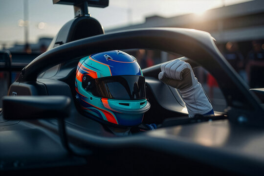 A formula racing driver wearing a colorful helmet sits in the car cockpit with the halo device, raising a fist to celebrate victory. Dramatic sunset lighting highlights the motorsport action.