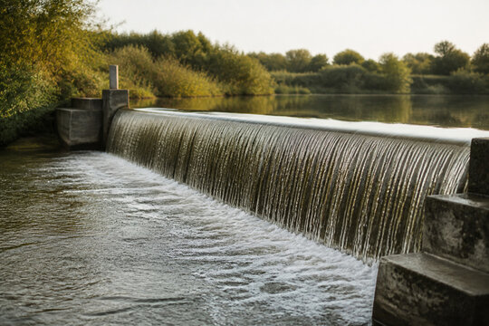 Small concrete weir across calm river in soft light, water management infrastructure concept.