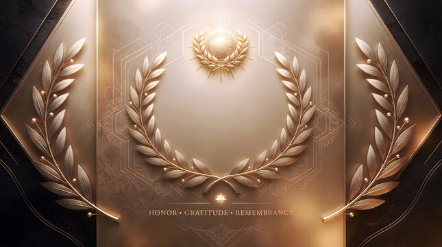 Elegant golden laurel wreath design with geometric patterns and text for honor gratitude remembrance.