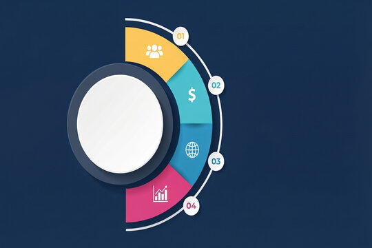 Modern infographic diagram with four colorful segments and icons on a dark blue background for business concepts