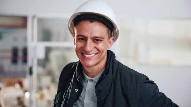 Face, man and technician with smile in factory for inspection, building development and maintenance. Portrait, male person and hard hat for safety, quality control and engineering for expansion