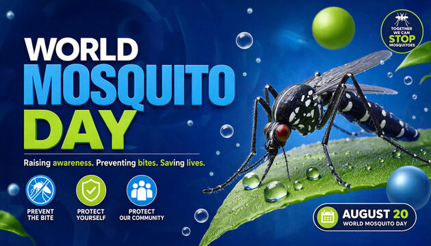 World mosquito day awareness banner featuring a detailed mosquito on a leaf with water droplets disease prevention vector control public health
