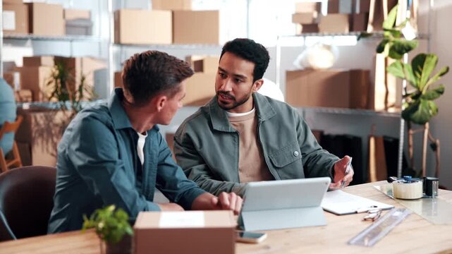Logistics, clipboard or team in office with tablet, order track or agenda guide in supply chain. Collaboration, men or supplier with discussion, delivery checklist or advice on distribution schedule.