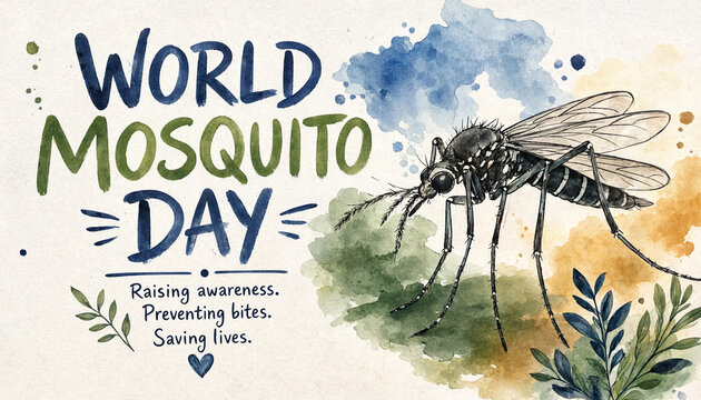 World mosquito day awareness poster with watercolor style mosquito illustration mosquito awareness watercolor prevention campaign education