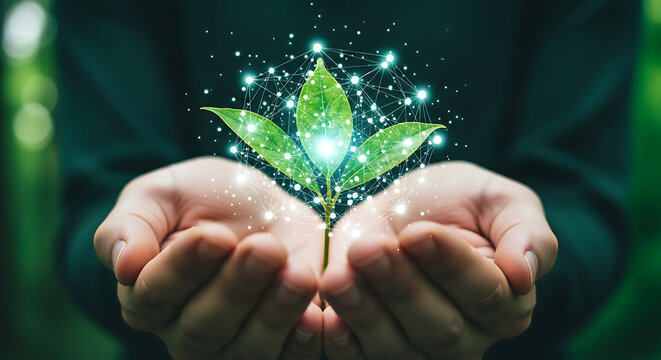 Sustainable Technology Growth: Hands Holding Glowing Plant with Digital Network