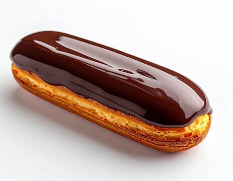 Glossy chocolate &eacute;clair on minimal white background, high key lighting, ultra sharp detail, modern dessert advertising style