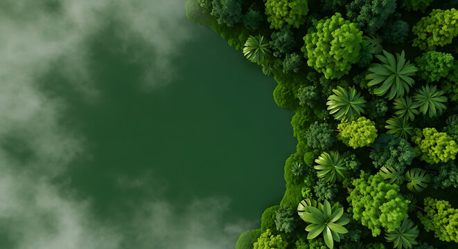 Top-down aerial view of a lush, vibrant green forest canopy with swirling mist