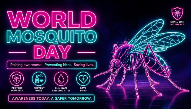 World mosquito day neon style digital graphic illustration with glowing mosquito awareness prevention protection parasite campaign