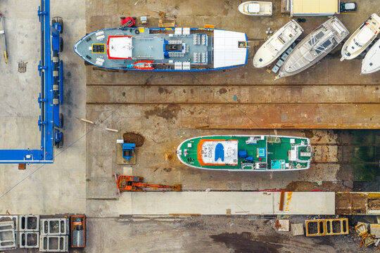 Aerial view of boats docked at the shipyard in Madalena, Azores, Portugal.