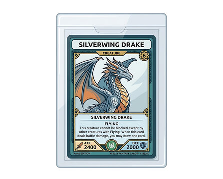 Pixel Art Trading Card Featuring a Majestic Silver Dragon with Intricate Details and Fantasy Game Elements