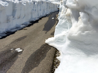 Obraz premium High snow walls line a wet asphalt road