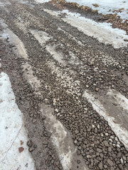 Obraz premium Melted snowy road in the forest in winter