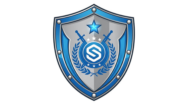 Retro Pixel Art Shield Emblem with Swords Laurel Wreath and Inner Circle Emblem on White Background