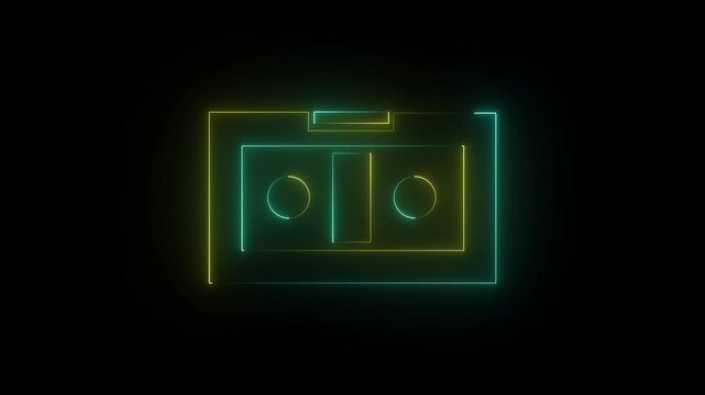 Neon glowing colored cassette tape icon animation. The tape audio concept on a black background. mint and yellow color icon.4K ANIMATION MOTION VIDEO.