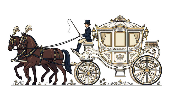 Ornate White Horse Drawn Carriage with Coachman and Two Horses on a White Background Pixel Art Style