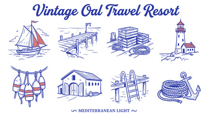 Set of vintage nautical and coastal travel elements including lighthouse, sailboat and anchor, retro line art vector for resort branding and apparel. © brutalism studio