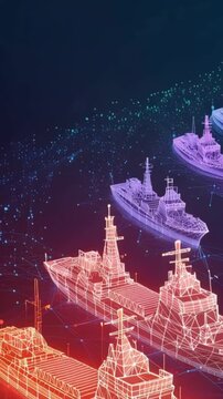 Naval fleet rendered in futuristic neon wireframe, showcasing advanced military technology in a digital ocean, evoking power and precision. ..Created with Generative AI, not depicting real subjects.
