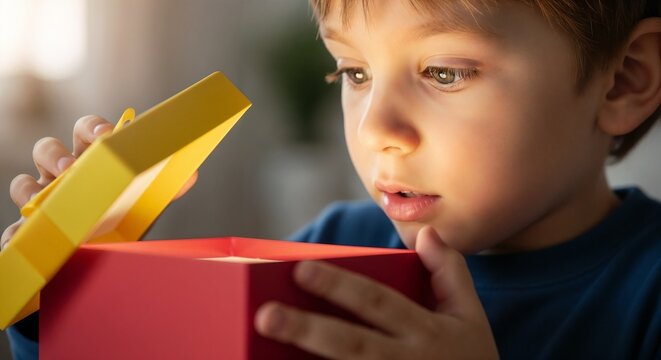 Little boy opening birthday gift, peering into glowing red box. Child face illuminated, discovering contents for little boy opening birthday gift. Joyful moment, holiday,