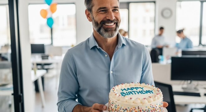 Smiling man holding celebratory cake with 'Happy Birthday' message, creating an office birthday party atmosphere. Professional colleagues gather in background for an impromptu office birthday party,