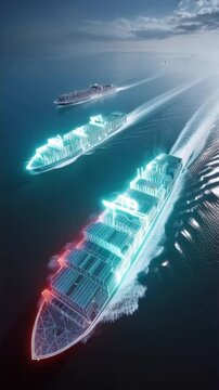Two futuristic cargo ships glide through the ocean, their advanced holographic designs illuminated against the twilight sky. ..Created with Generative AI, not depicting real subjects.