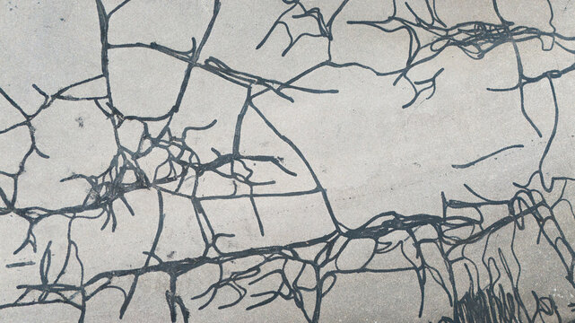 Aerial view of asphalt road surface showing extensive cracks repaired with dark tar sealant, highlighting infrastructure deterioration in Trier-Saarburg, Rhineland-Palatinate, Germany.