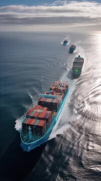 A fleet of massive cargo ships navigates the open sea, their immense loads of containers stretching towards the horizon under a dramatic sky. ..Created with Generative AI, not depicting real subjects.