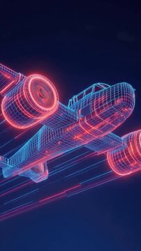 Wireframe airplane illustration with neon red and blue lights moving fast. ..Created with Generative AI, not depicting real subjects.