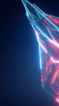 Futuristic abstract geometric shape with glowing neon lines of blue and red, set against a dark, textured background. ..Created with Generative AI, not depicting real subjects.
