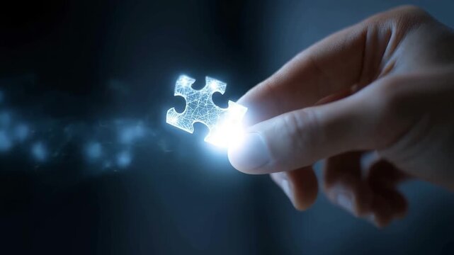 Hand reaching for a glowing polygonal puzzle piece representing a digital solution