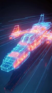 Futuristic spacecraft rendered in glowing neon blue and fiery red wireframe technology zooms through a digital hyperspace. ..Created with Generative AI, not depicting real subjects.