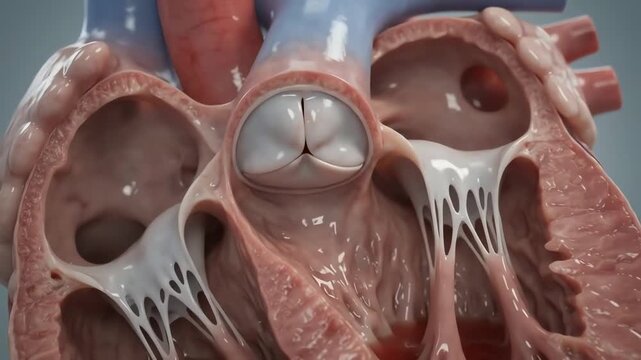Inside a healthy human heart focusing on the left ventricle, myocardial muscle fibers contracting slowly with noticeably reduced strength while blood is gently ejected into the aorta 